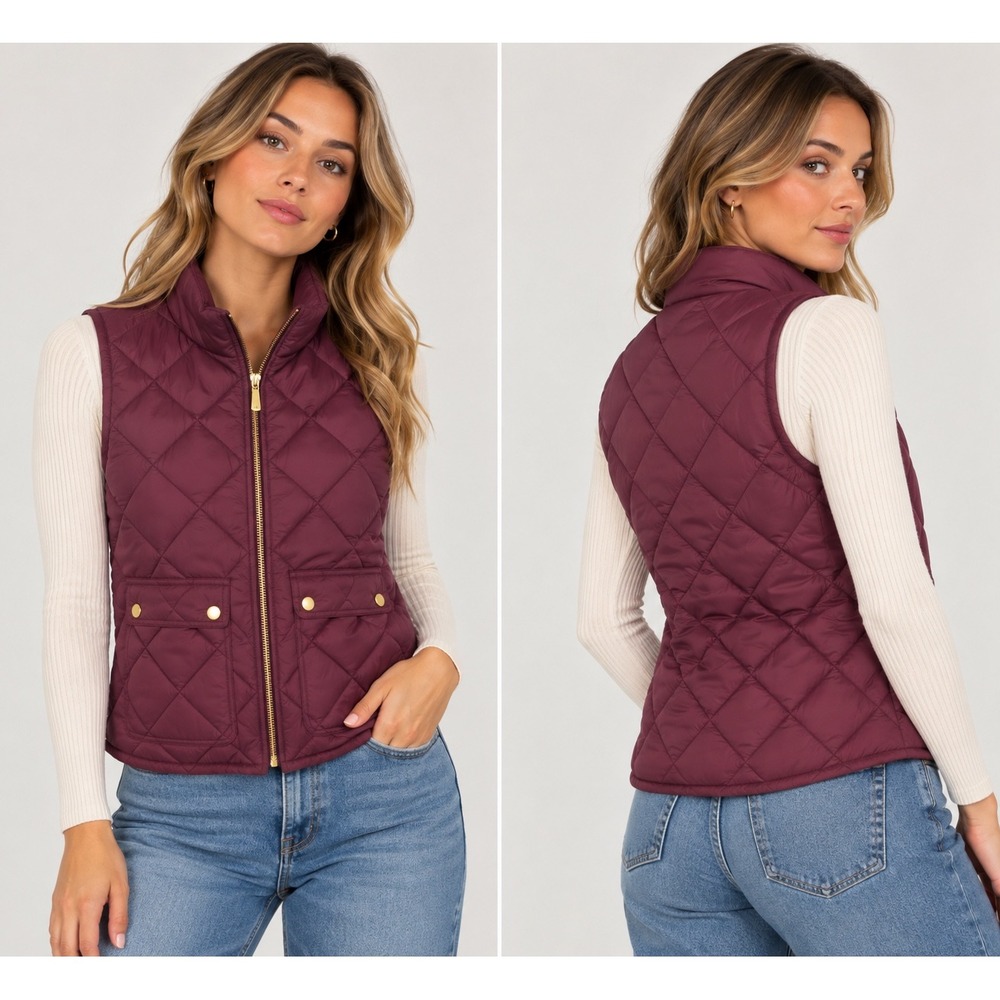 J.Crew Womens Quilted Excursion Vest Maroon Burgundy Gold Zip Size M